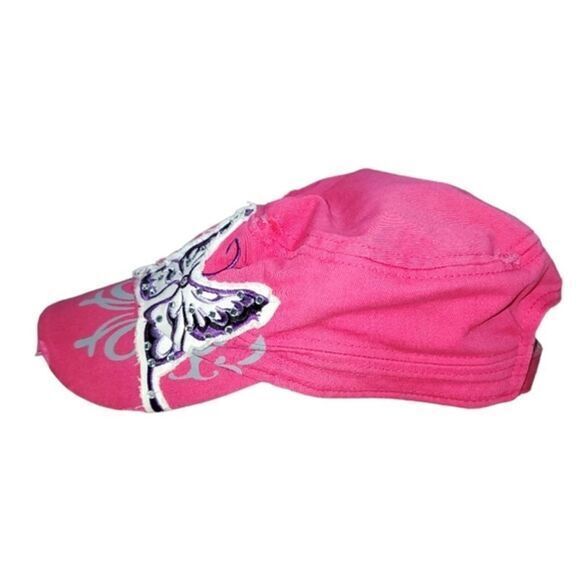 Y2K Distressed Pink Cadet Hat w/ Rhinestone Applique Embellished Butterfly OS - Picture 4 of 11